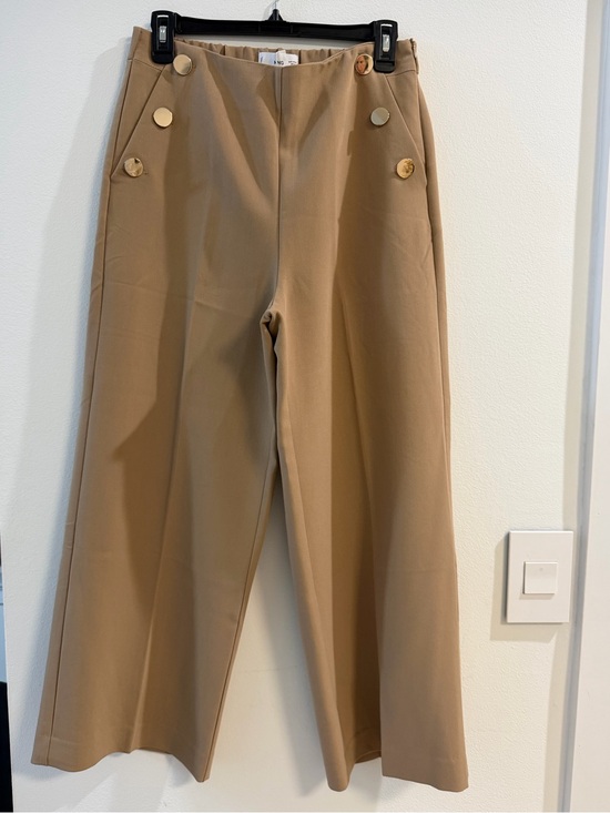 Mango Pants - Mango High-Rise Wide-Leg Tan Trousers with Gold Buttons